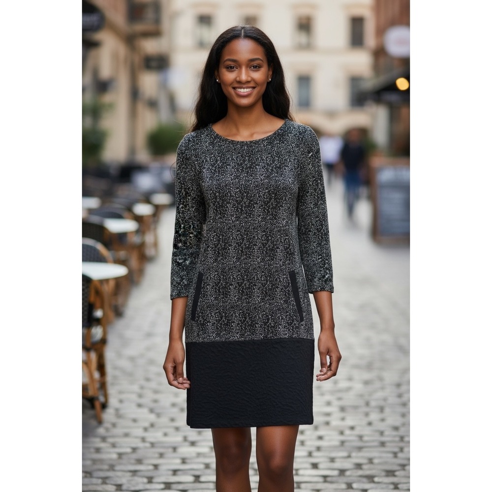 Spencer + Shaw XS/TP Black Gray Knit Dress 3/4 Sleeve Pockets Career Casual